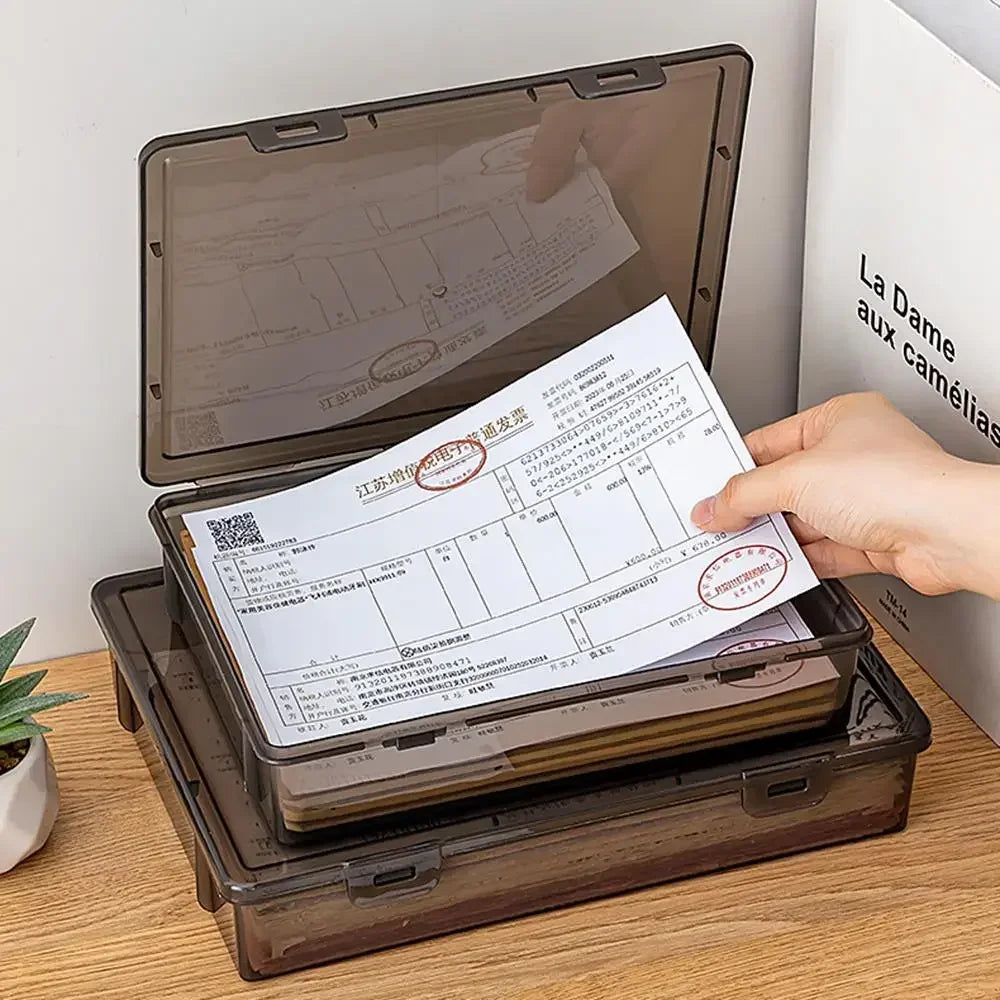 A4 Dustproof Document Organizer Box – Black Transparent File Storage Container for Certificates and Easy Organization