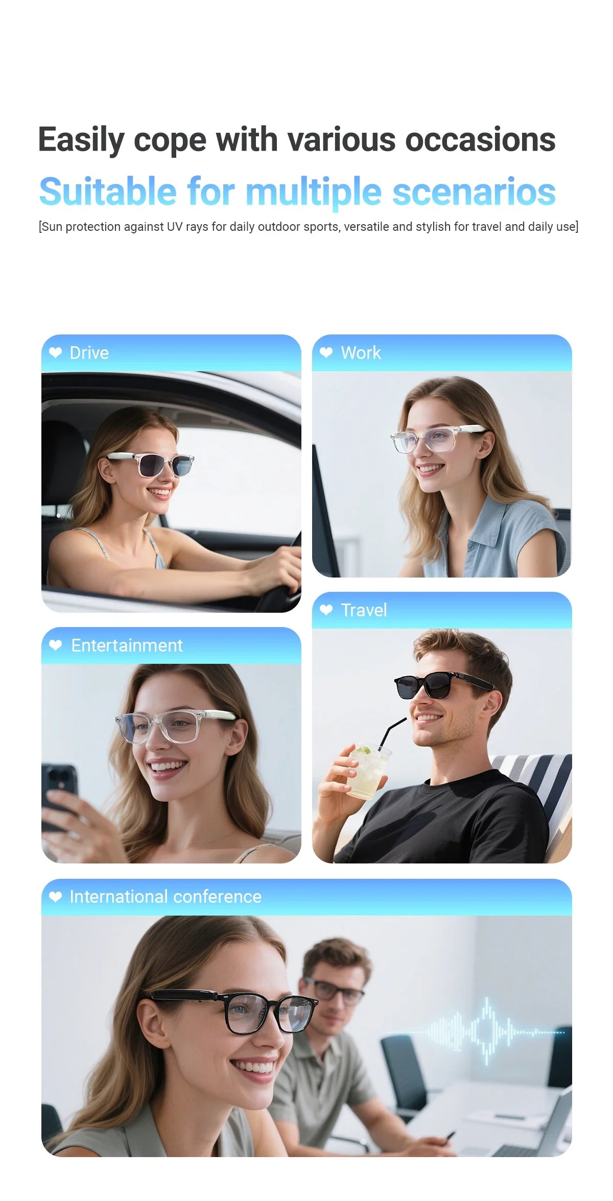 Smart Glasses with AI Translation – Supports 100+ Languages, Bluetooth TWS, Calls, Music, Noise Reduction & Light Control for Men & Women