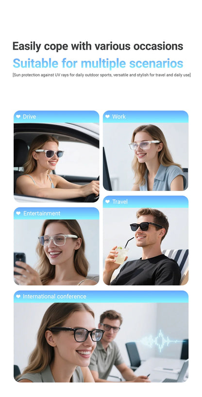 Smart Glasses with AI Translation – Supports 100+ Languages, Bluetooth TWS, Calls, Music, Noise Reduction & Light Control for Men & Women