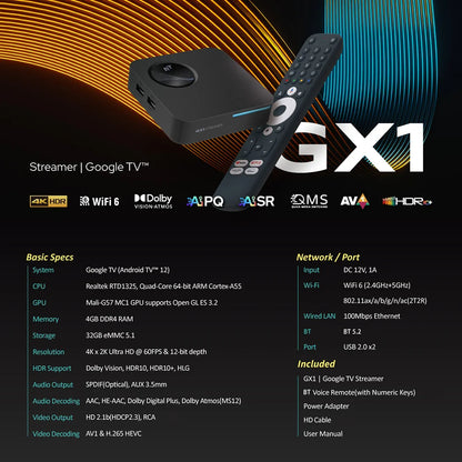 RockTek GX1 UHD Google TV Box — Android TV, 4GB RAM 32GB Storage, Netflix Certified, Dolby Atmos, WiFi6 & BT5.2