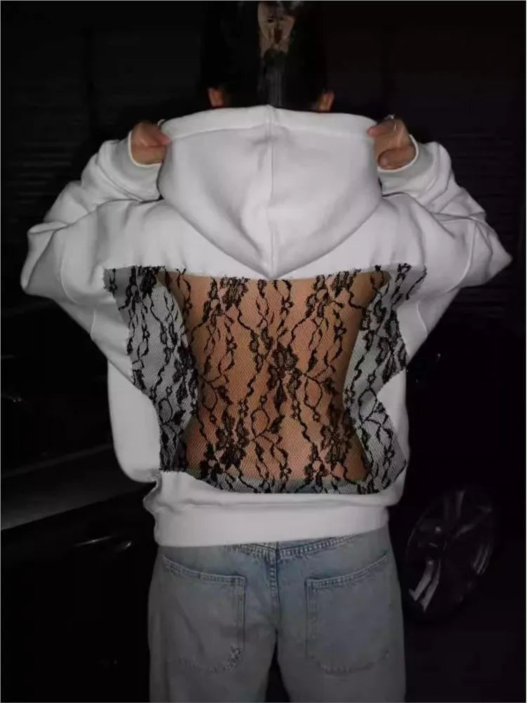 Women's Lace Splice Hoodie - Sexy See-Through Backless Fleece Pullover for Autumn & Winter Streetwear Fashion