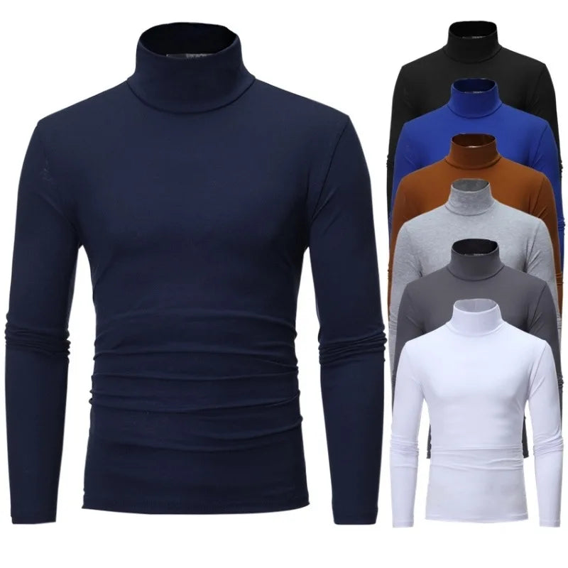 Fashion Men's Casual Slim Fit Turtleneck Pullover - High Collar Basic Tops for Autumn and Spring, Thin Bottoming Plain T-Shirt