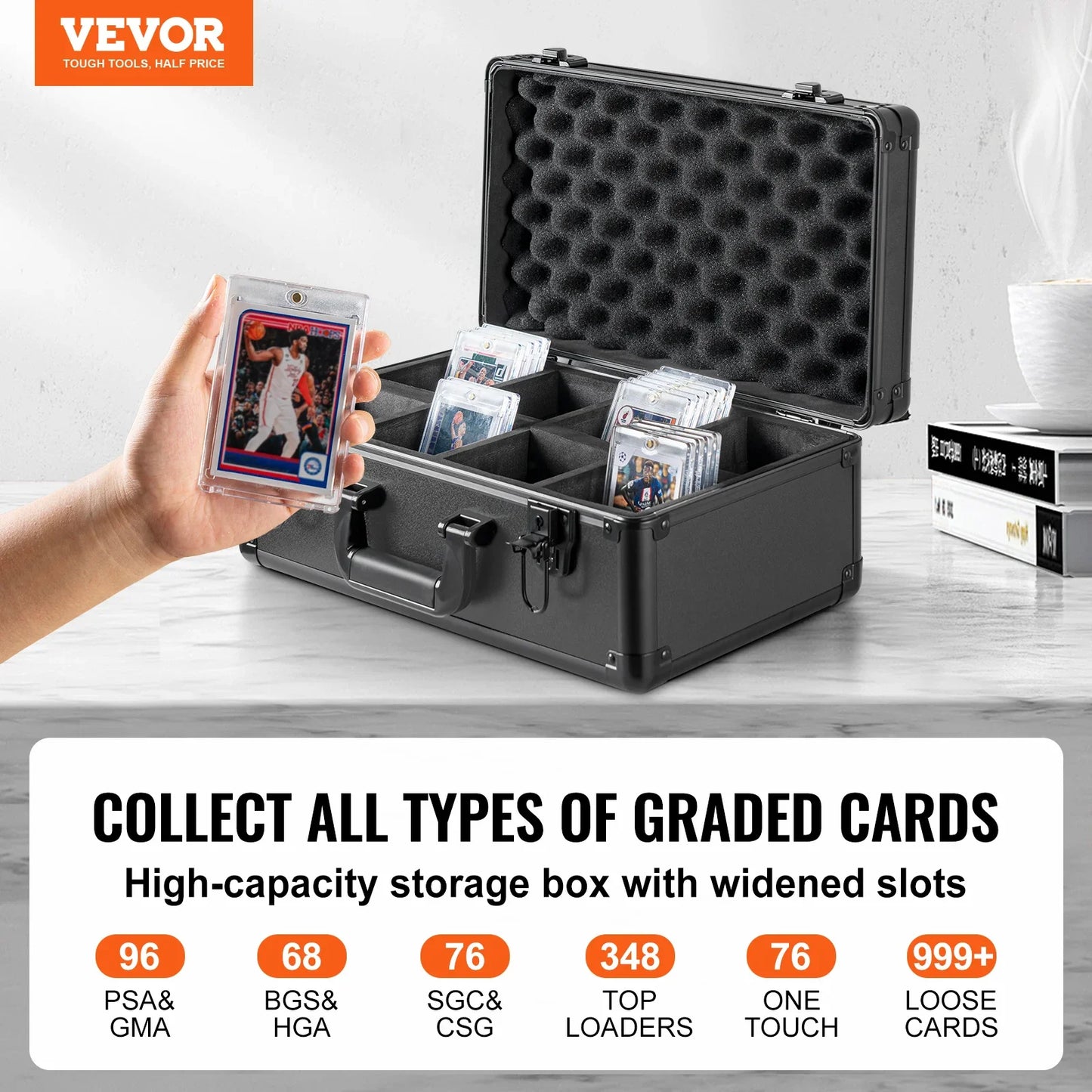 VEVOR Graded Card Storage Box – 4 or 5 Slot Foam Divider Case with Key or Coded Lock for PSA 96/108/120/162 Cards