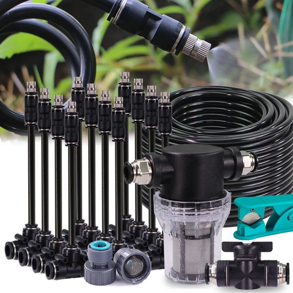 3/8" Misting Cooling System Kit – 360° 0.6mm Nozzle Atomizer with PE Tubing & 80 Mesh Filter for Garden Irrigation Watering