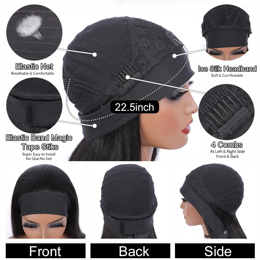 Headband Wig – 180% Density Bone Straight Peruvian Human Hair Wig for Black Women, Full Machine Made