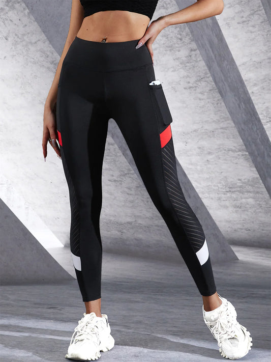 Colorblocked Mesh High Waist Yoga Pants – Women’s Tummy Control Workout Leggings with Side Pockets for Shaping