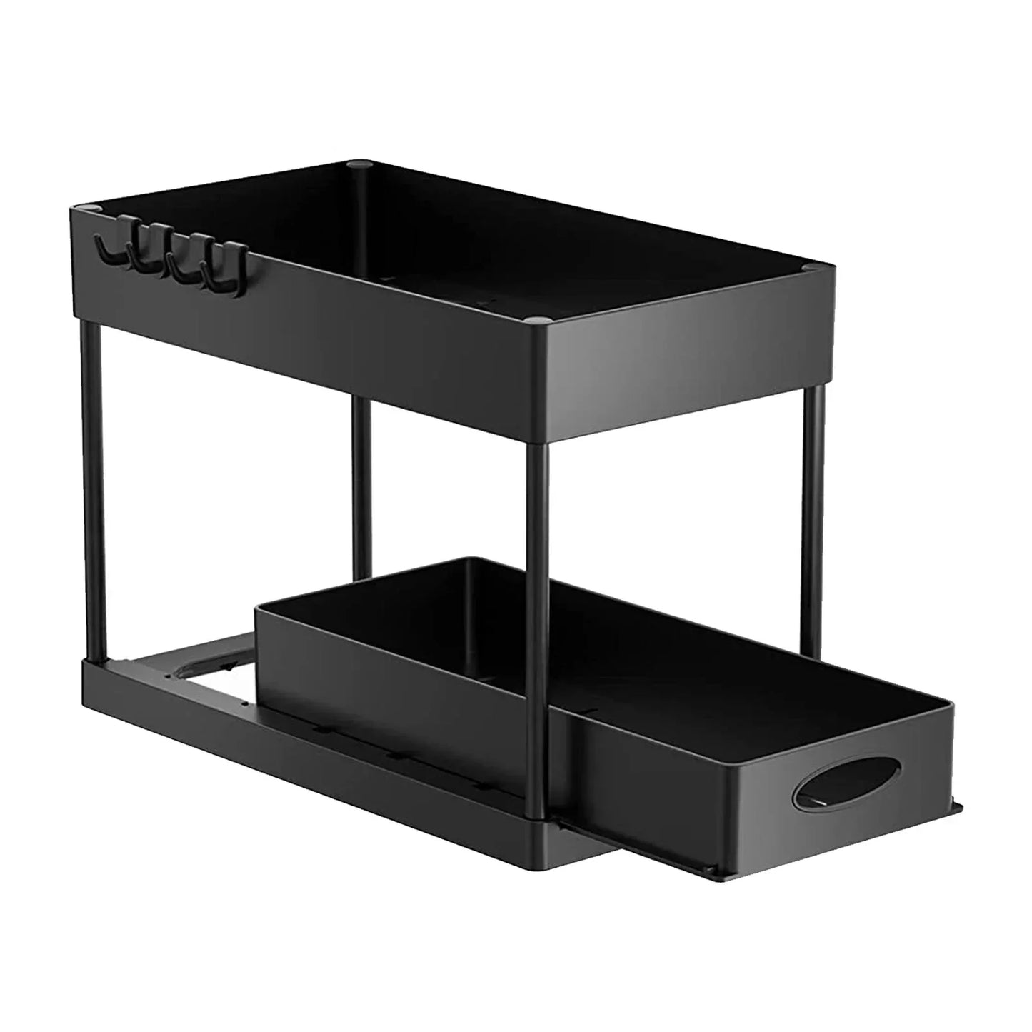 2-Tier Under Sink Organizer - Sliding Cabinet Basket with Hooks, Hanging Cup for Bathroom and Kitchen Storage