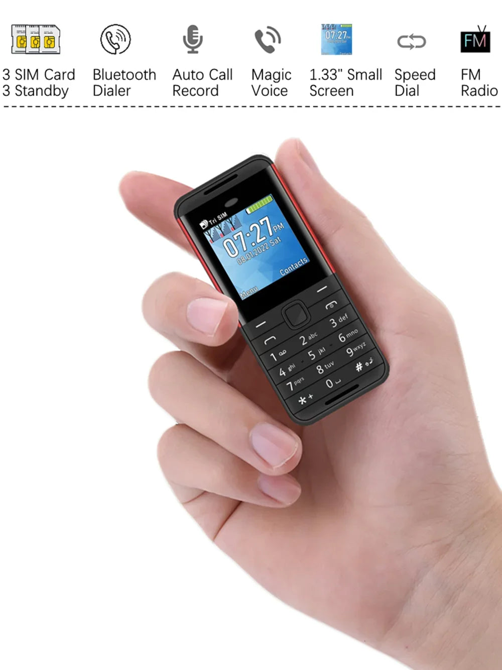 SERVO BM5310 Mini Mobile Phone — 3 SIM Card, 3-Standby, Auto Call Recorder, Bluetooth, Speed Dial & Magic Voice, 1.3" Compact Phone