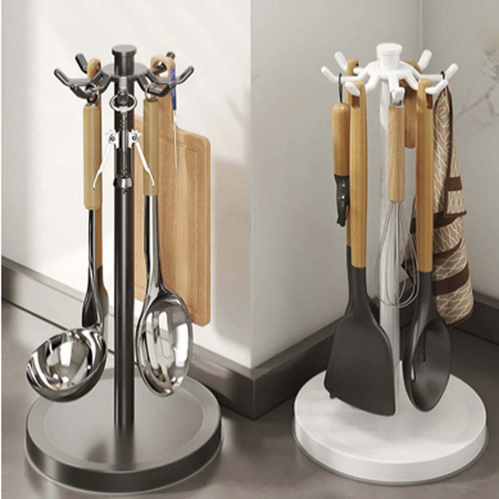 Rotating Kitchen Utensil Stand — 8-Hook Countertop Organizer for Cooking Tools