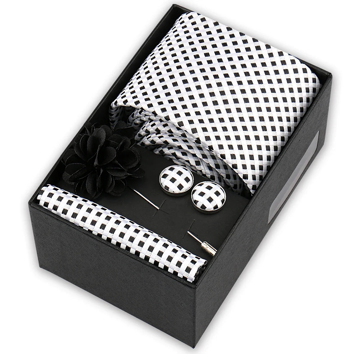 Men’s 4-Piece Tie Set Gift Box - Elegant Necktie with Handkerchief, Cufflinks & Brooch for Business, Wedding & Suit Accessories