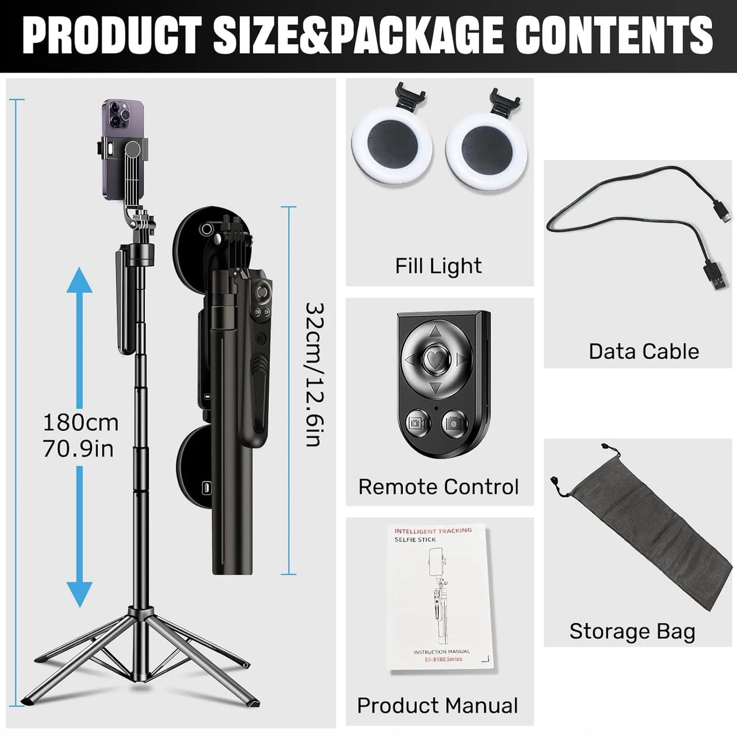 Extendable 70.8" Auto Face Tracking Tripod – 360° Rotating Phone Stand with Light & Motion Sensor for Vlog & Live Streaming