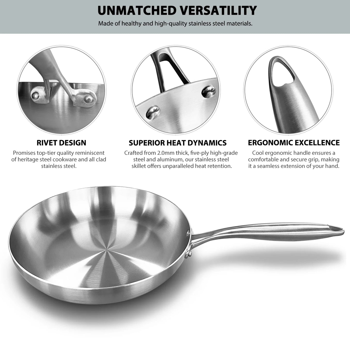 304 Stainless Steel Non-Stick Frying Pan - Uncoated Steak Cookware for Gas Stove and Induction Cooker