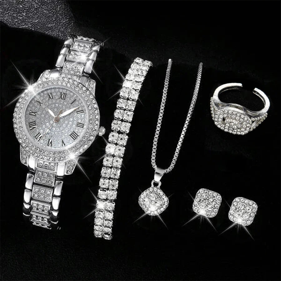 6PCS Women's Elegant Crystal Watch Set – Luxury Alloy Quartz Wristwatches with Rhinestone Bracelet, Perfect Gift for Ladies