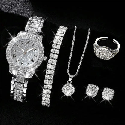 6PCS Women's Elegant Crystal Watch Set – Luxury Alloy Quartz Wristwatches with Rhinestone Bracelet, Perfect Gift for Ladies