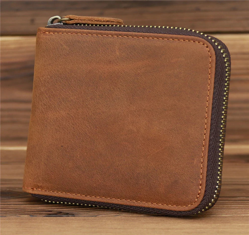 Men’s Genuine Leather Zipper Wallet – Compact Short Purse with Credit Card Slots, Cash & Coin Pocket
