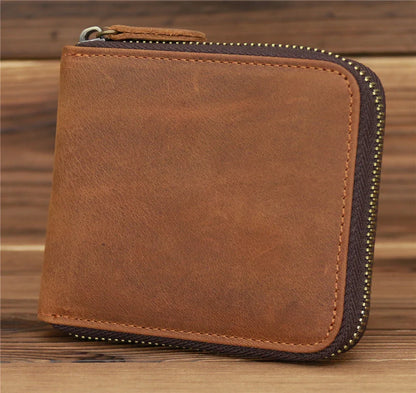 Men’s Genuine Leather Zipper Wallet – Compact Short Purse with Credit Card Slots, Cash & Coin Pocket