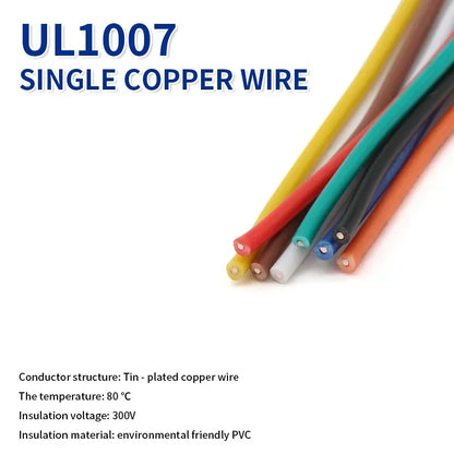 UL1007 Single Core Copper Wire (5–20M) – PVC Insulated Tinned Solid Electrical Cable 14–26 AWG