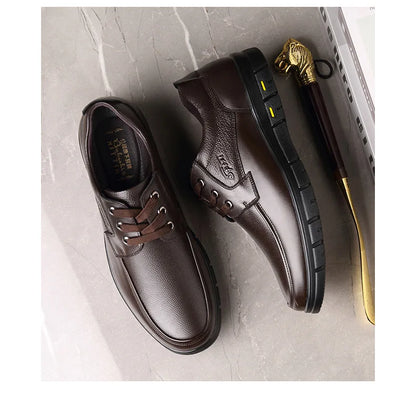 Men's Genuine Leather Casual Shoes - Soft Sole Lace-Up Loafers, Luxury Brand for Middle-Aged & Older Adults, Lightweight Dad Shoes