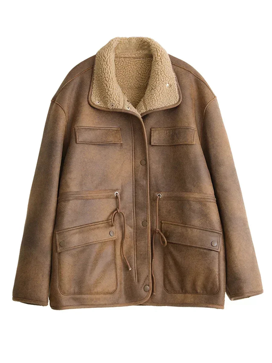 CHIC VEN Women's Reversible Jacket – Thick Suede, Motorcycle Style, Loose Fit Winter & Autumn Outerwear 2023