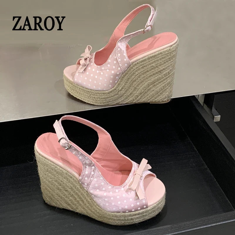 Women’s Wedge Platform Sandals - Grass Weave Bowknot High Heels for Summer Parties