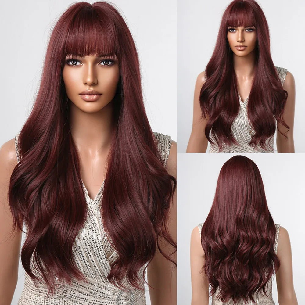 Ombre Honey Brown Long Synthetic Wig with Bangs — Wavy, Realistic, Soft, Heat-Resistant Hair for Daily & Party