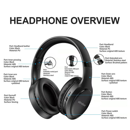 Siindoo JH-919 Wireless Bluetooth Headphones - Foldable Stereo Earphones with Super Bass, Noise Reduction, and Mic for iPhone, Laptop, PC, TV