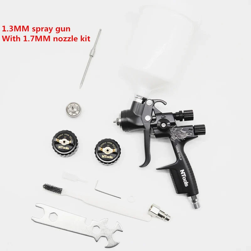 HVLP Spray Gun with Adapter & Mix Tank — 1.3mm & 1.7mm Nozzles for Car Painting, Water-Based Air Spray Gun
