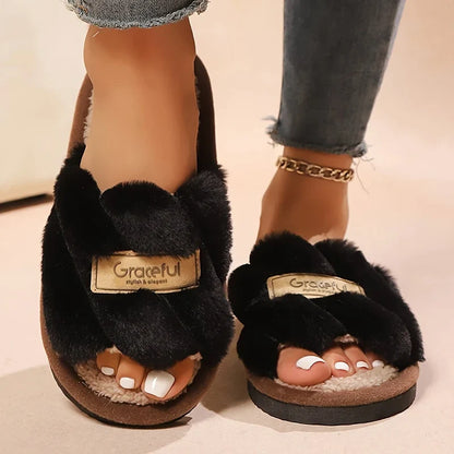 Women’s Plush Fuzzy Slippers - Warm Open-Toe Indoor EVA Home Slides