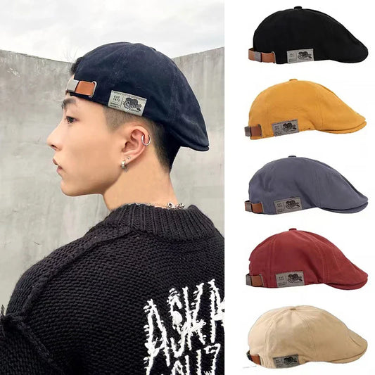 2024 Men's Vintage Linen Beret - Fashion Hip Hop Solid Beanie with Side Label, Women's Sun Hat in 1973 Vintage Style