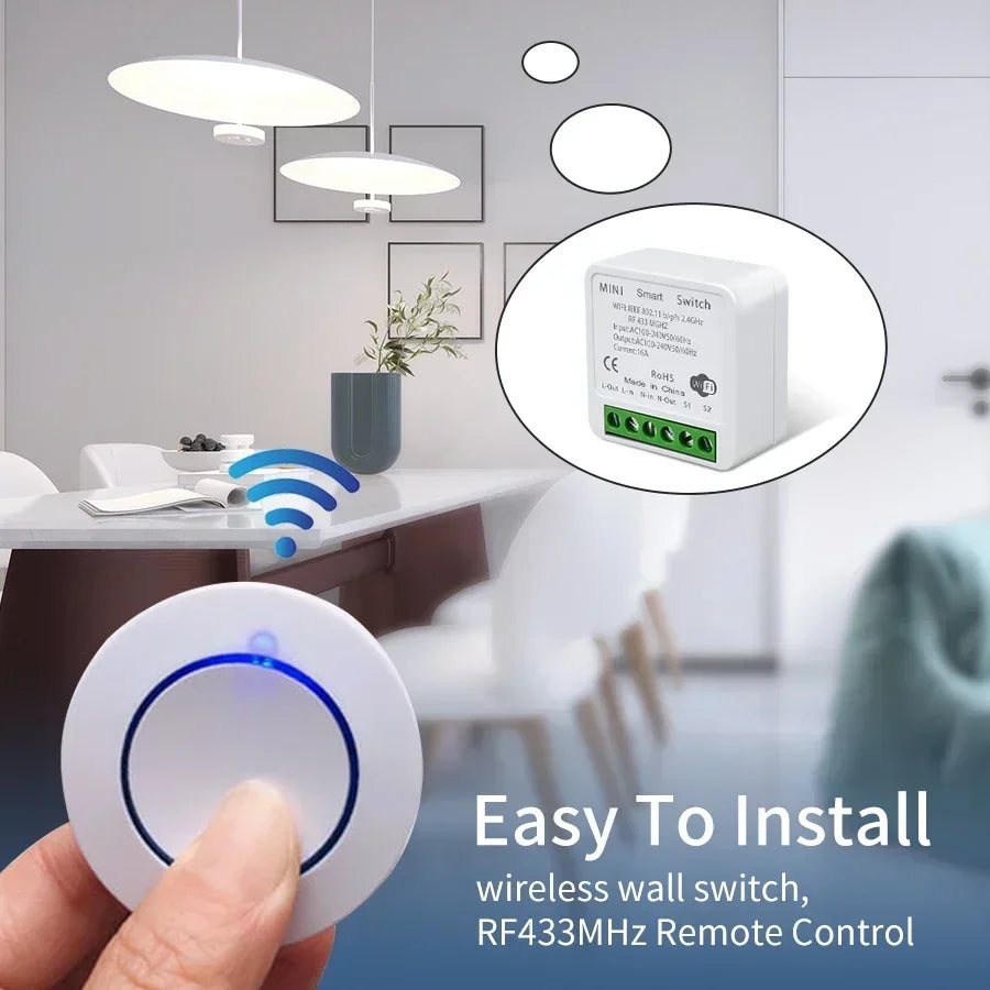 Tuya WiFi Smart Switch – 16A RF 433MHz Wireless Mini Round Button for Alexa & Google Home