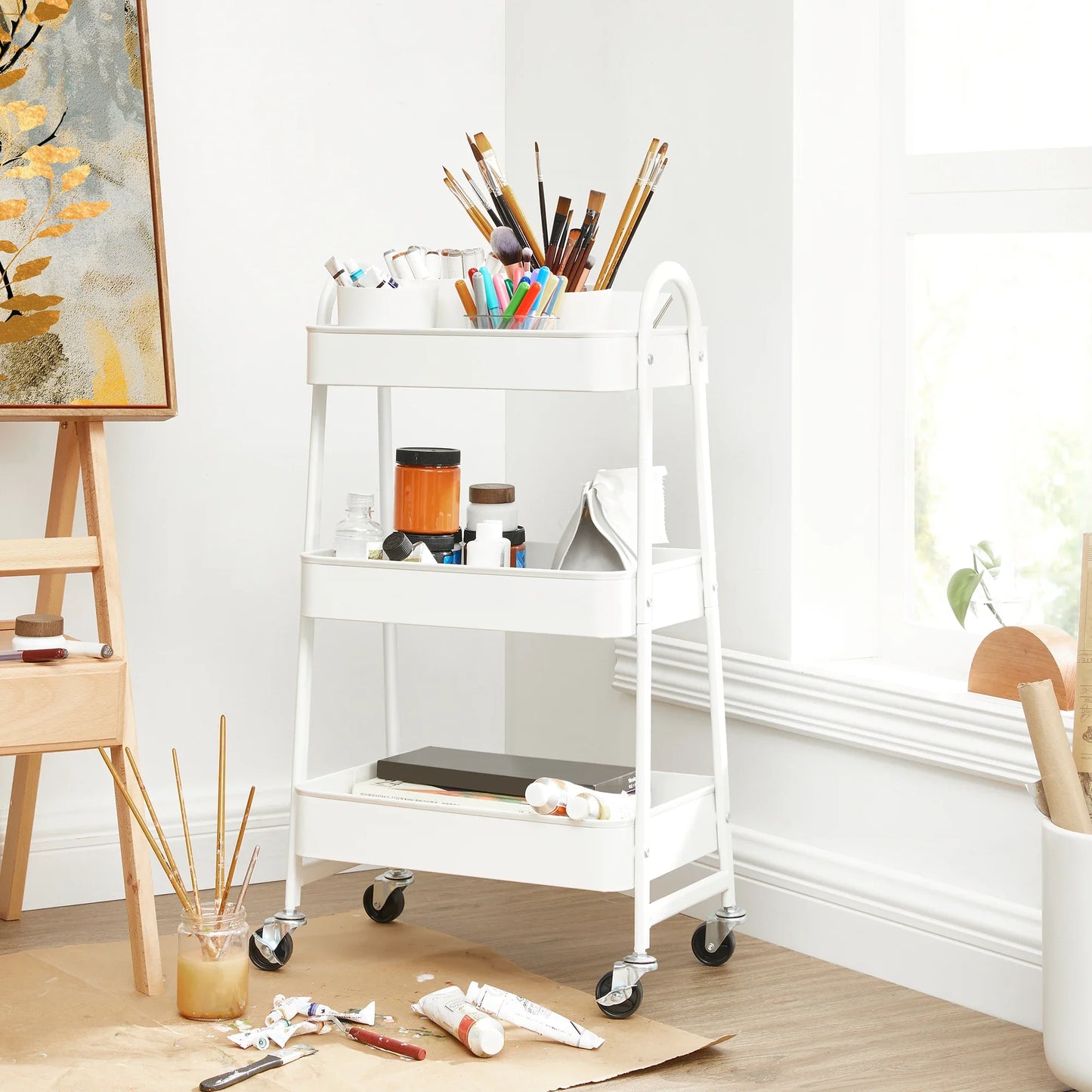 SONGMICS 3-Tier Rolling Utility Cart — Metal Storage Trolley with Wheels, Brakes & Handles for Kitchen or Home Organization