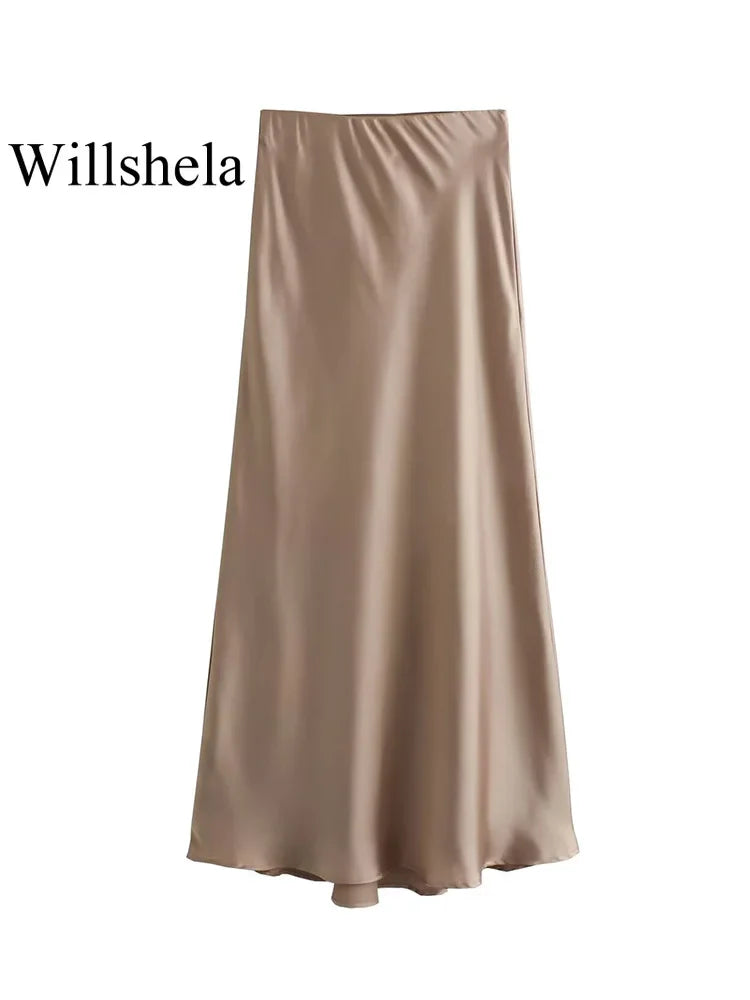 Willshela 2024 Women’s Black Satin High Waist Midi Skirt – Elegant Long Office & Summer Fashion Skirt for Women, Slim Fit Casual Wear