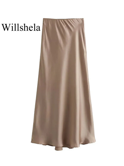 Willshela 2024 Women’s Black Satin High Waist Midi Skirt – Elegant Long Office & Summer Fashion Skirt for Women, Slim Fit Casual Wear