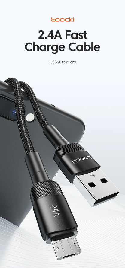 Toocki 2.4A Micro USB Cable – Fast Charging QC PD Data Cord for Samsung S6/S7, Redmi Note, Earphones, Fans