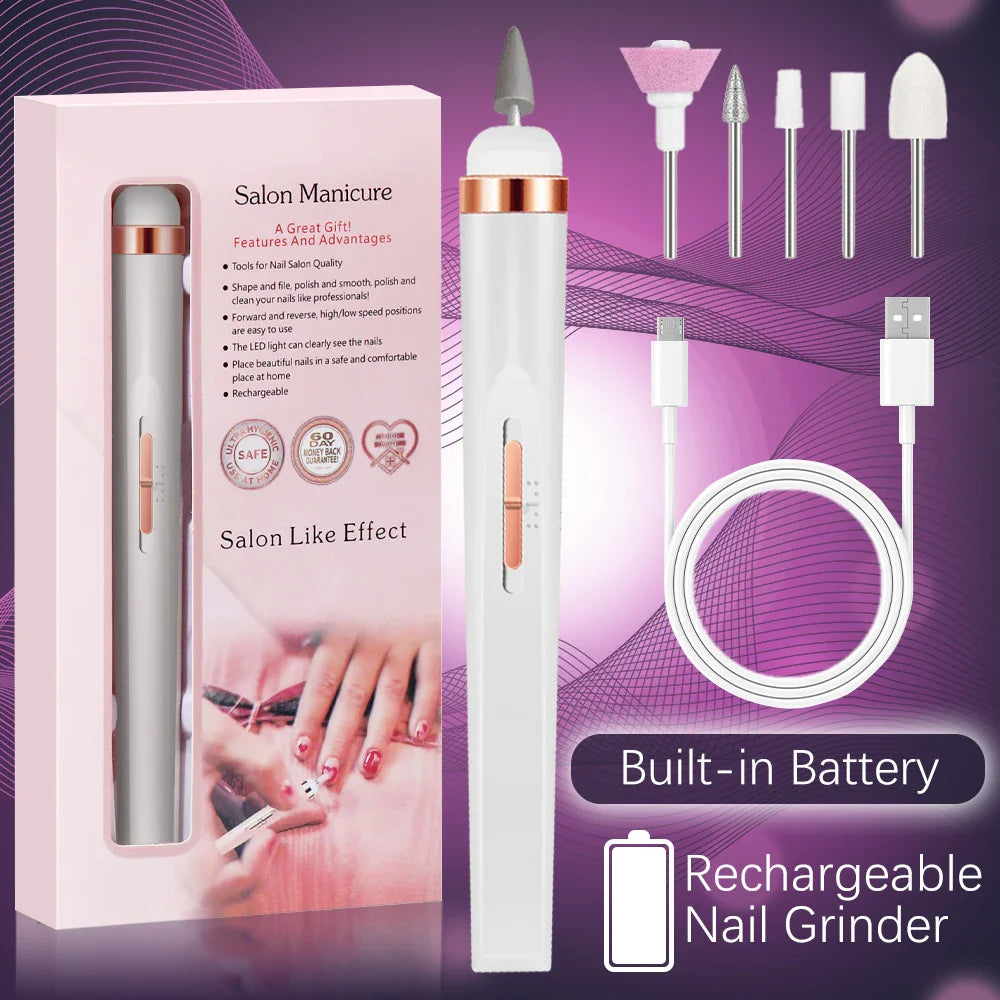 YIKOOLIN 5-in-1 Electric Nail Polish Drill – USB Rechargeable Portable Manicure Set for Exfoliation & Polishing, Nail Salon Tool