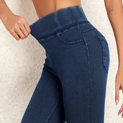 Women's Faux Denim Yoga Leggings - High Waist Stretch Fitness & Workout Skinny Tights