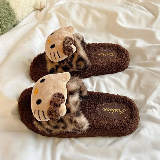 Kawaii Hello Kitty Leopard Print Fluffy Slippers – Women’s Cozy Non-Slip Indoor Cotton Slippers