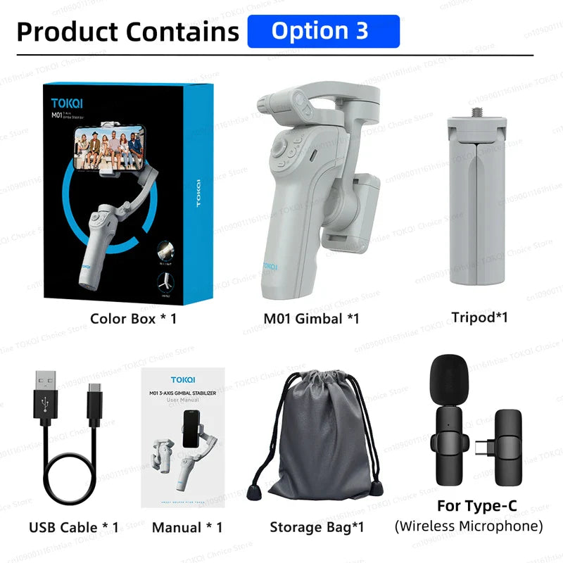 TOKQI M01 3-Axis Handheld Gimbal Stabilizer – Anti-Shake Foldable Holder, Selfie Tripod with Fill Light for iPhone & Smartphones