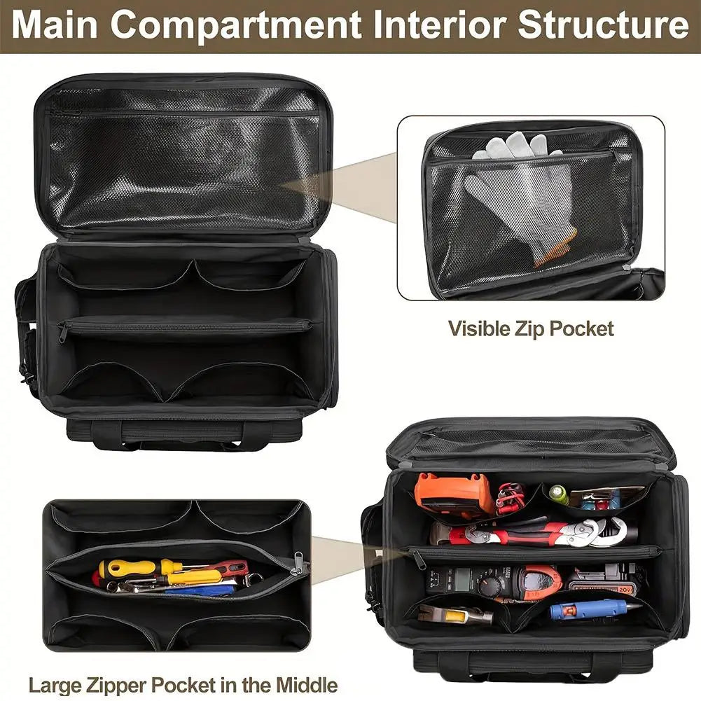 Heavy Duty High Capacity Tool Storage Bag – Water Resistant Organizer Case with Padded Base & Comfortable Handle for Easy Carrying, Black Tool Bag