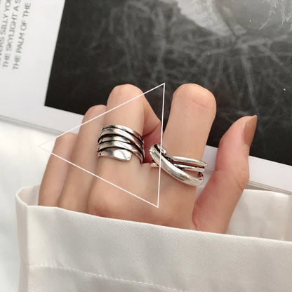 VENTFILLE 925 Sterling Silver Adjustable Ring – Vintage Hollow Line Punk Hip Hop Couple Jewelry