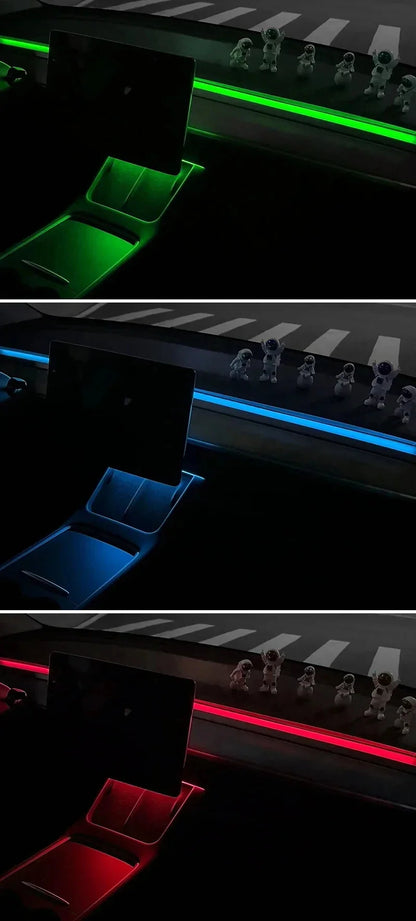 2-in-1 Dynamic Neon RGB Car LED Ambient Lighting – Auto OFF 60s Module for Tesla Model 3 & Y Dashboard Decoration