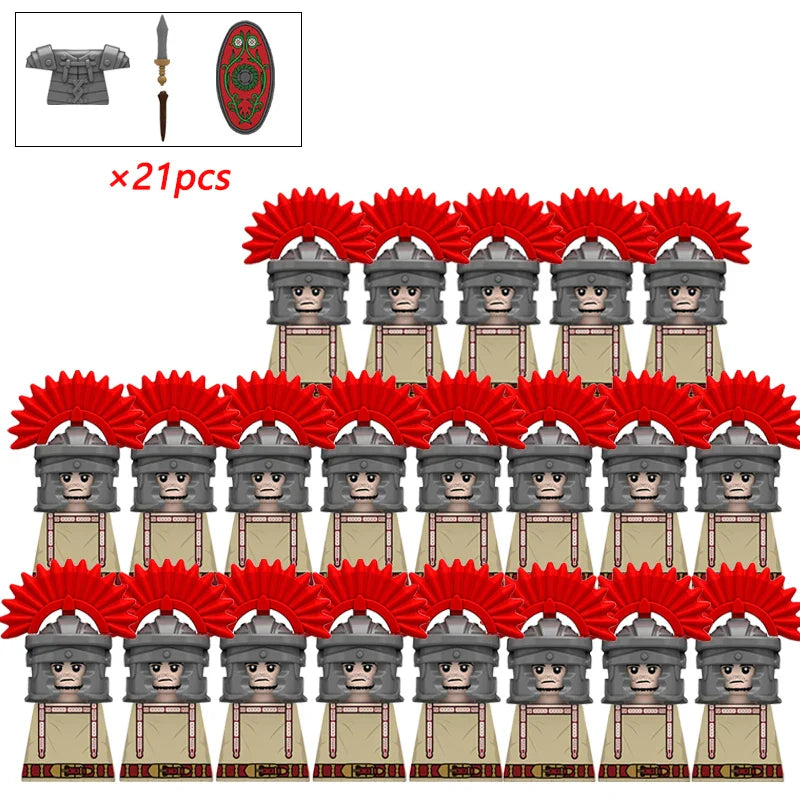 21PCS MOC Medieval Knights & Roman Legion Soldiers Building Blocks Set Warrior Figures with Weapons Helmet Bricks Toy Collection