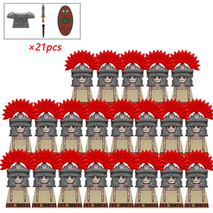 21PCS MOC Medieval Knights & Roman Legion Soldiers Building Blocks Set Warrior Figures with Weapons Helmet Bricks Toy Collection