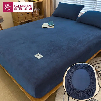 Soft Warm Plush Fitted Sheet – Elastic Coral Fleece Mattress Cover for Winter, Luxury Double Bed Bedding
