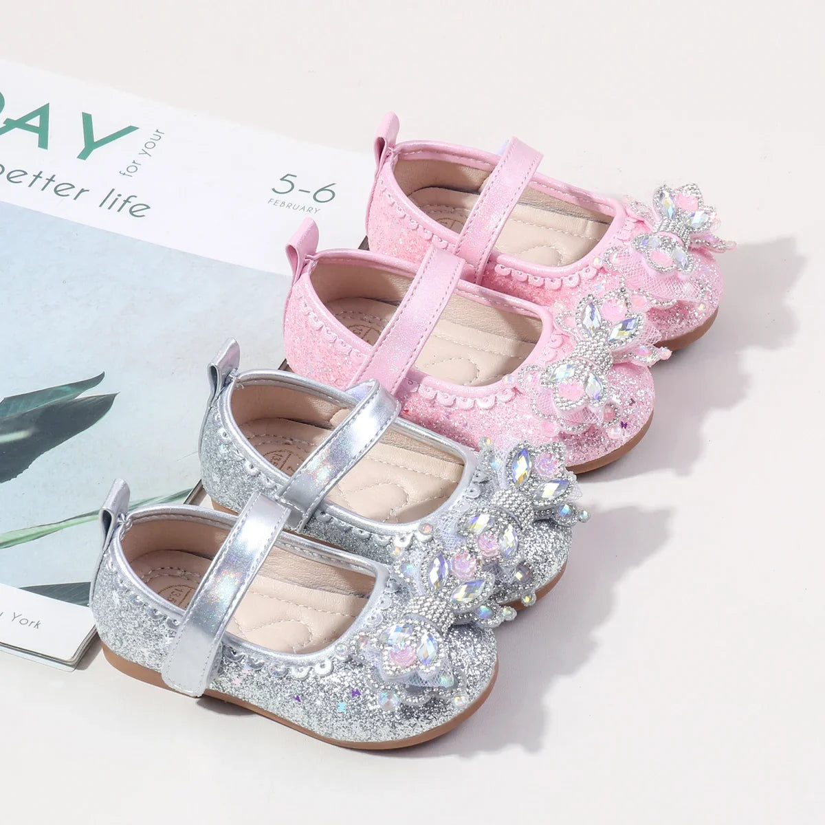 Baby Girls Crystal Princess Shoes - Soft TPR Sole Leather Flats for 0-3Y