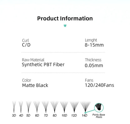 AGUUD 10-Tray Premade Volume Lashes – Super Fans with Needle Stem & Narrow Base for Eyelash Extensions