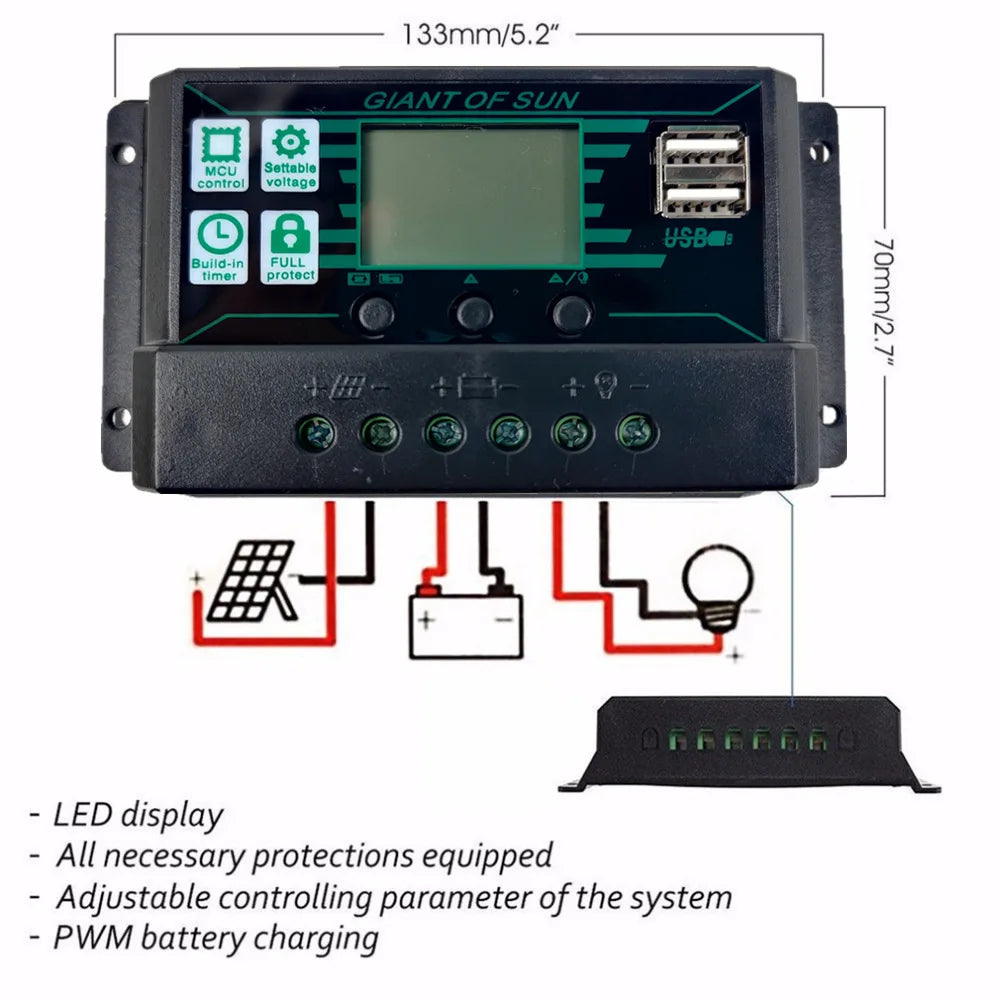 100A PWM Solar Charge Controller — 12V/24V Dual USB LCD Panel Battery Regulator