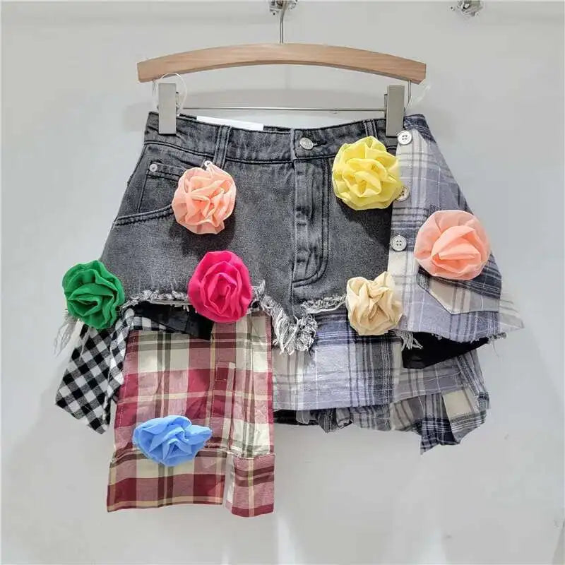 DEAT Women’s Denim Mini Skirt — Colored Plaid Patchwork Irregular A-Line, High Waist Summer 2025 Fashion Skirt