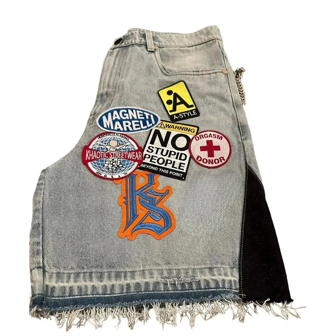Unisex Y2K Rock Hip Hop Patchwork Denim Shorts – Retro Blue Baggy Cartoon Pattern Casual & Basketball Fitness Shorts