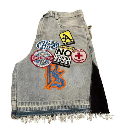 Unisex Y2K Rock Hip Hop Patchwork Denim Shorts – Retro Blue Baggy Cartoon Pattern Casual & Basketball Fitness Shorts